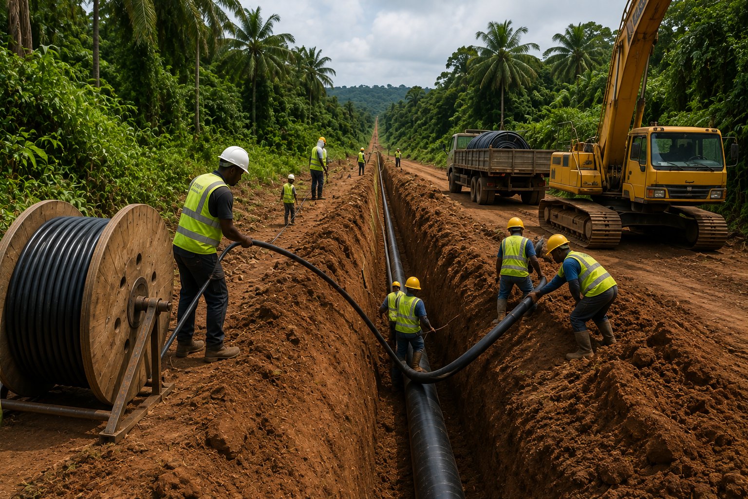 Déploiement d'un réseau de fibre optique sur un chantier en Afrique