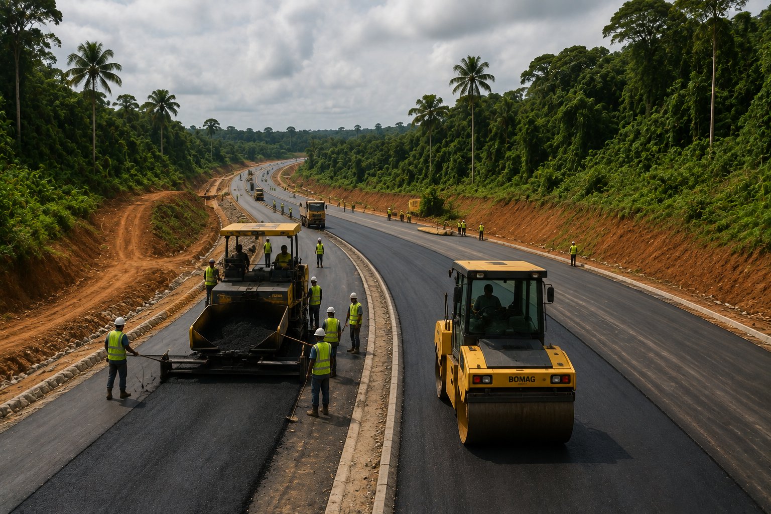 Travaux de construction d'une infrastructure routière en Afrique