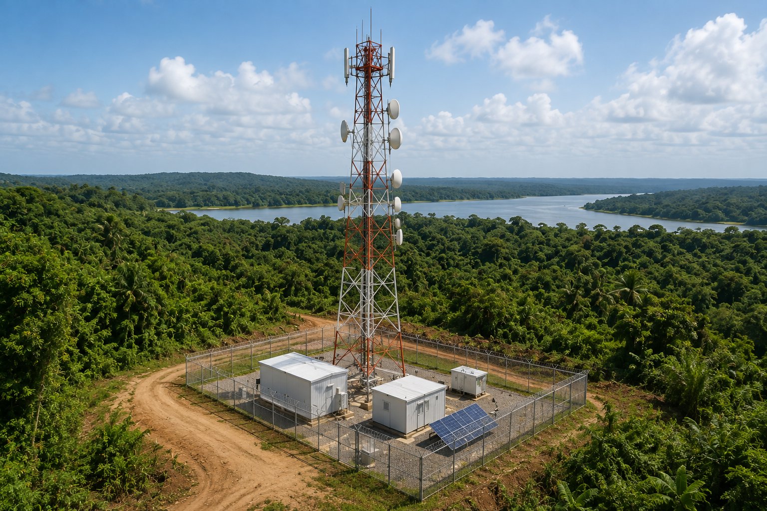 Tour de télécommunication implantée au cœur d'un territoire africain